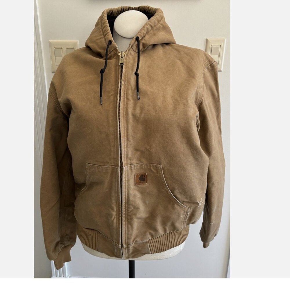 VINTAGE CARHARTT J130 CML TAN/BROWN HOODED JACKET MEDIUM DISTRESSED THRASHED